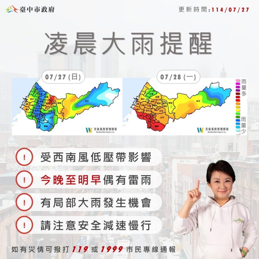 7/28凌晨將有豪大雨　中市啟動三級應變中心 籲市民提高警覺