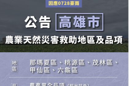0728豪雨農損　農業部公告高雄市救助地區與品項　與彈性延長救助申請期限