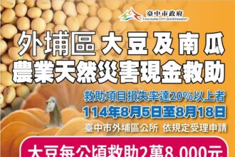 中市外埔區大豆及南瓜災損 　8/18前可申請現金救助