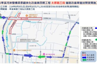 北屯旱溪河岸道路夜間施工　建設局提醒8/8、8/9提前改道