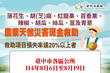 中市落花生、胡(芝)麻、紅龍果、百香果、辣椒、胡瓜、絲瓜、薑、青蔥及和平區水蜜桃災損 　8/19前可申請現金救助