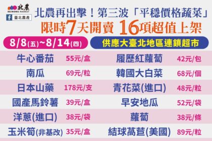 搶鮮趁現在！北農16項蔬菜平穩價8/8起限時7天開賣
