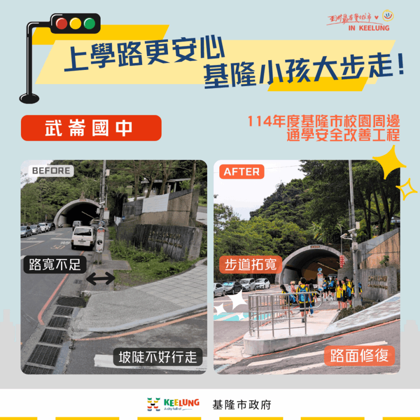 基隆斥資3400萬改善通學路面寬度　武崙、建德國中小及中和國小步道完工！