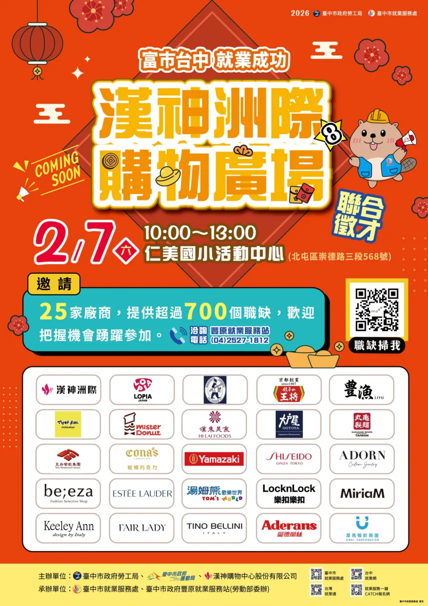 開幕在即！　中市府攜手漢神洲際2/7辦徵才　釋出逾700職缺最高薪7.3萬元