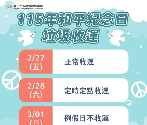 和平紀念日中市垃圾收運　2/28採定時定點服務