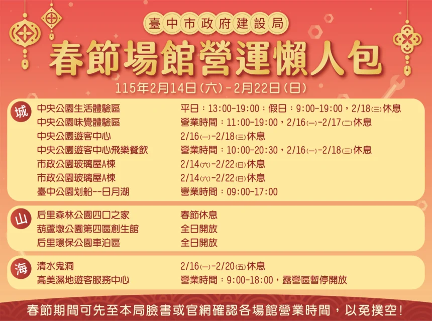 春節期間不打烊！ 中市建設局為遊客提供完整的場館營業資訊