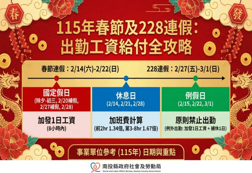 115年春節及228連假　出勤工資給付一次看