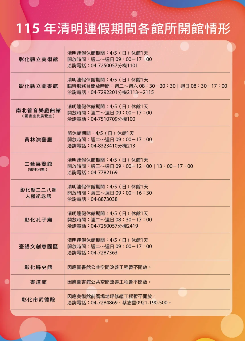 彰化縣文化局115年清明連假期間各館所開館情形