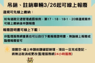 高雄市區監理所：吊、註銷牌照車輛開放線上報廢登記　報廢證明書開放自行下載