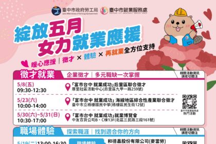 綻放女力齊飛揚暖心應援助就業！　中市勞工局5月邀集百家企業提供逾4,000個職缺