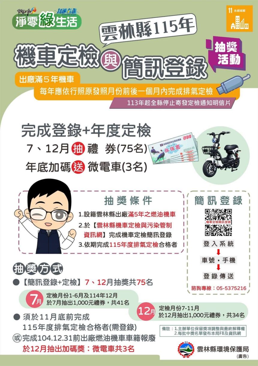 雲林縣完成機車定檢並登錄簡訊通知抽1,000元禮券75名　年底再抽微電車3輛　報廢老舊機車也可參加！