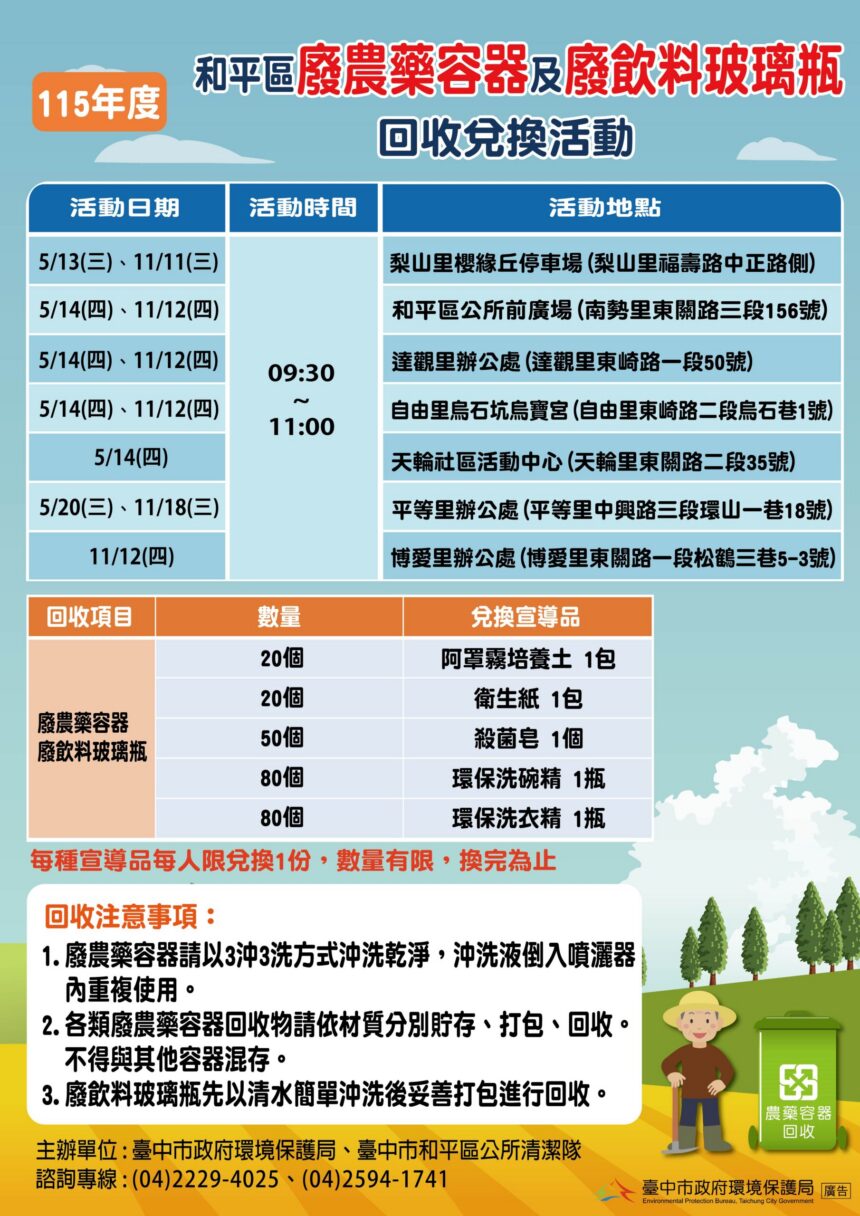 落實農藥瓶「三沖三洗」與玻璃瓶回收 中市環保局護和平、送好禮