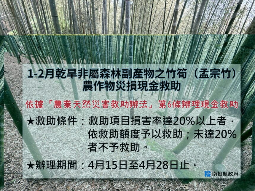 1-2月乾旱造成本縣非屬森林副產物之竹筍（孟宗竹）農作物災損　農業部同意辦理現金救助