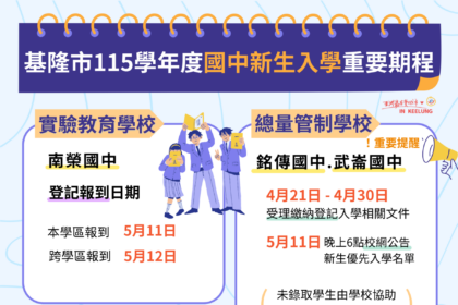 基隆市115學年度國中新生登記開跑　線上或現場報到雙軌擇一