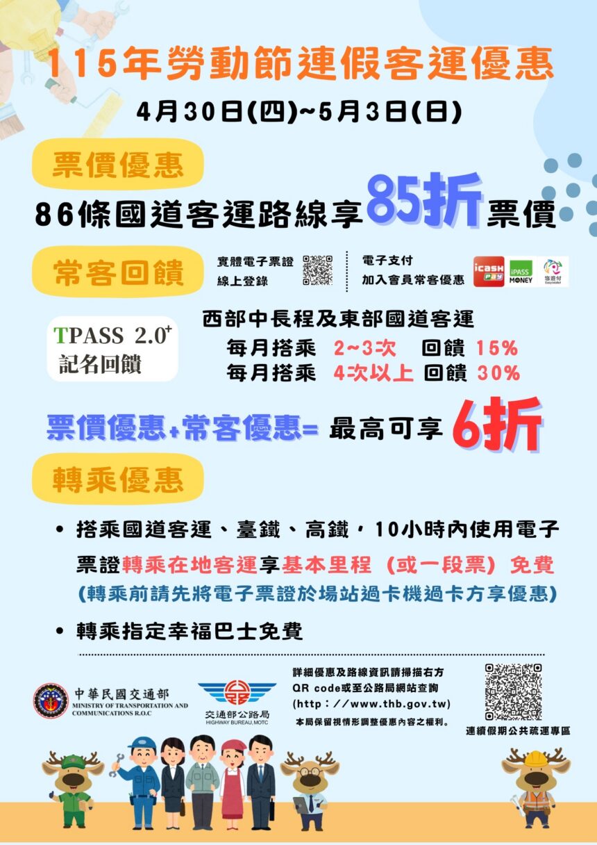 勞動節連假　搭乘公共運輸、幸福巴士優惠