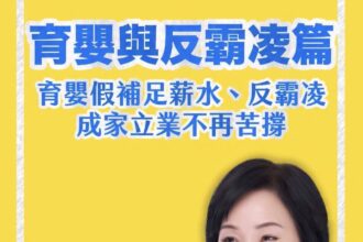 守護勞工　柯志恩拋首波勞工政策　加碼補足育嬰薪資級距至100% 　首創職場霸凌防治條例
